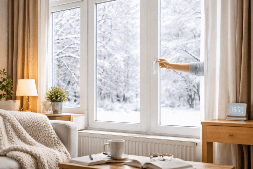 Fenêtres performantes en hiver avec vitrage isolant, intérieur chaleureux et neige à l’extérieur, limitant les pertes de chaleur et les dépenses de chauffage