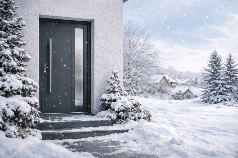 Porte d’entrée moderne installée sur une maison en hiver avec neige