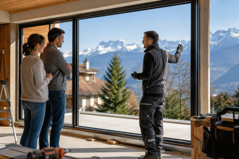 clients et menuisiers devant une baie vitrée
